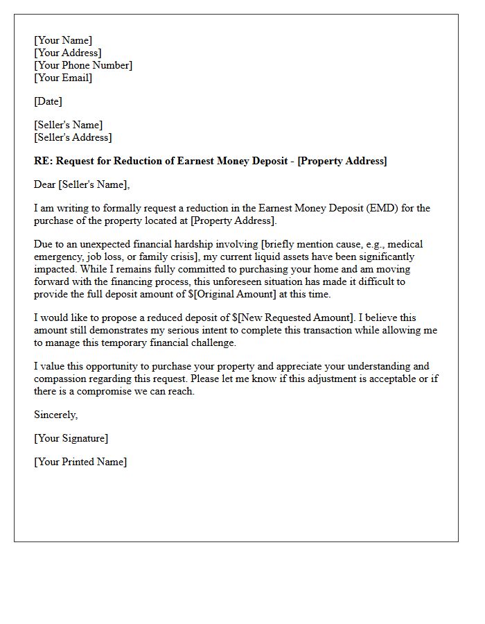 Unexpected Financial Hardship Earnest Money Deposit Reduction Request Letter