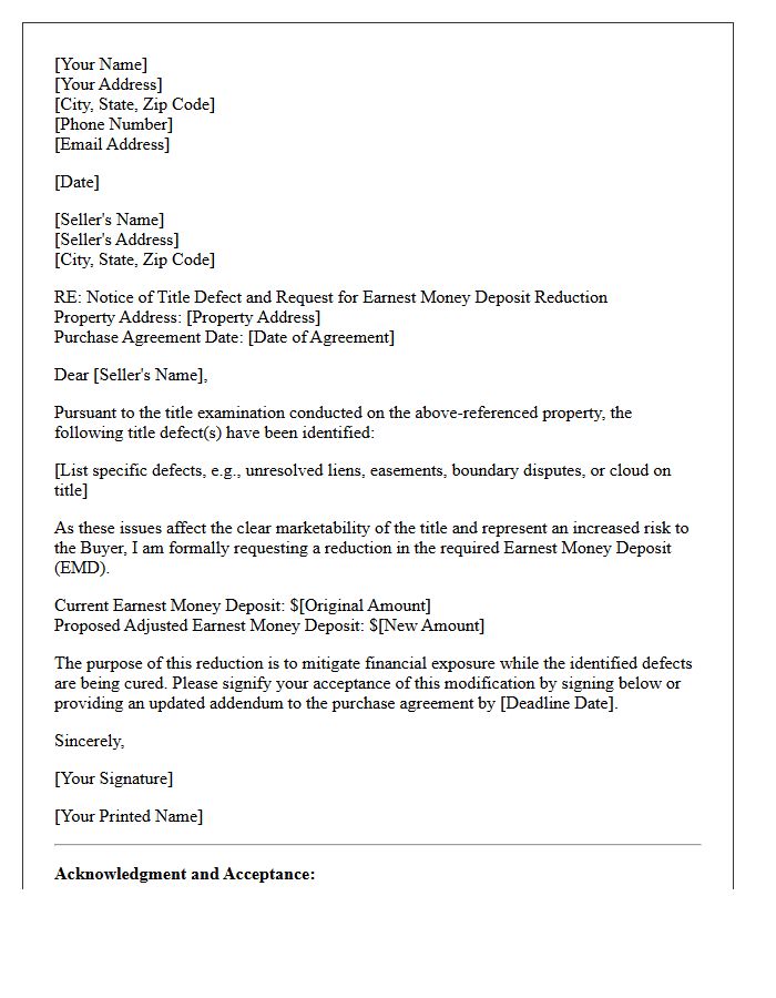 Title Defect Earnest Money Deposit Reduction Request Letter