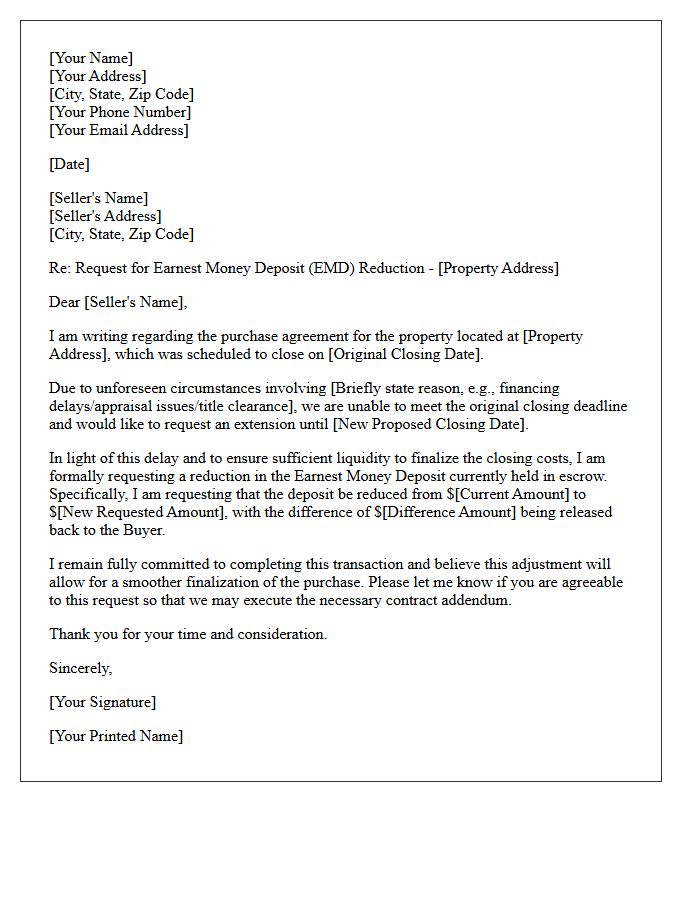 Closing Delay Earnest Money Deposit Reduction Request Letter