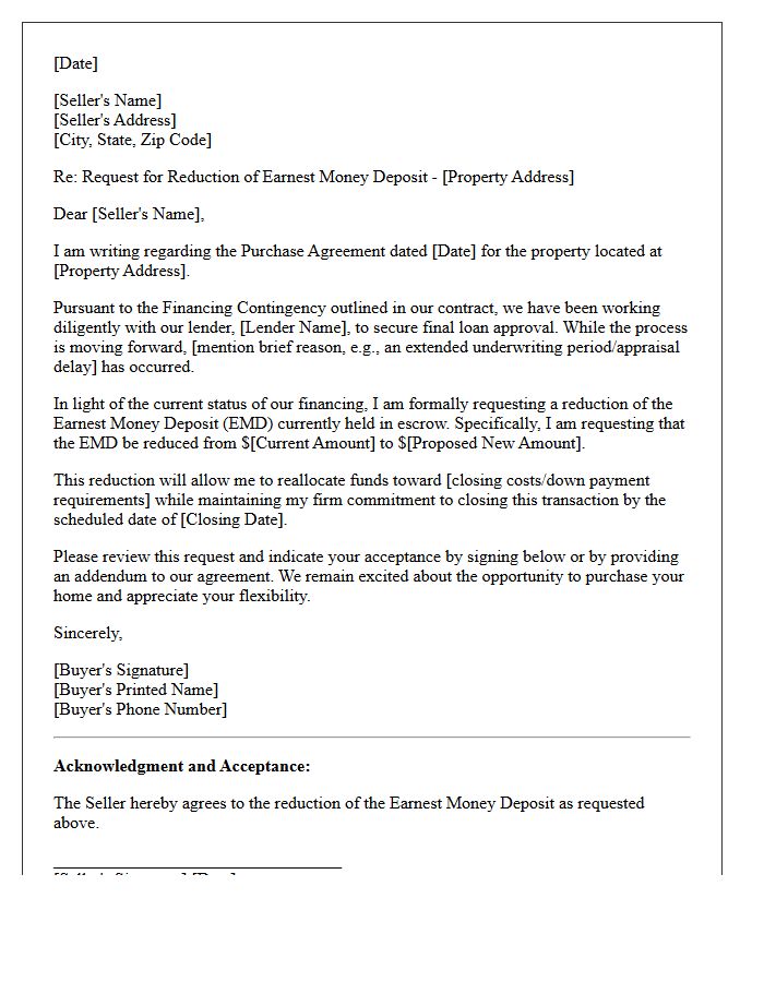 Financing Contingency Earnest Money Deposit Reduction Request Letter