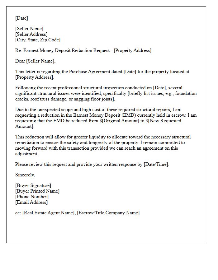 Structural Repair Earnest Money Deposit Reduction Request Letter