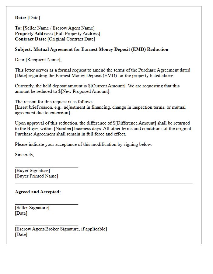 Mutual Agreement Earnest Money Deposit Reduction Request Letter