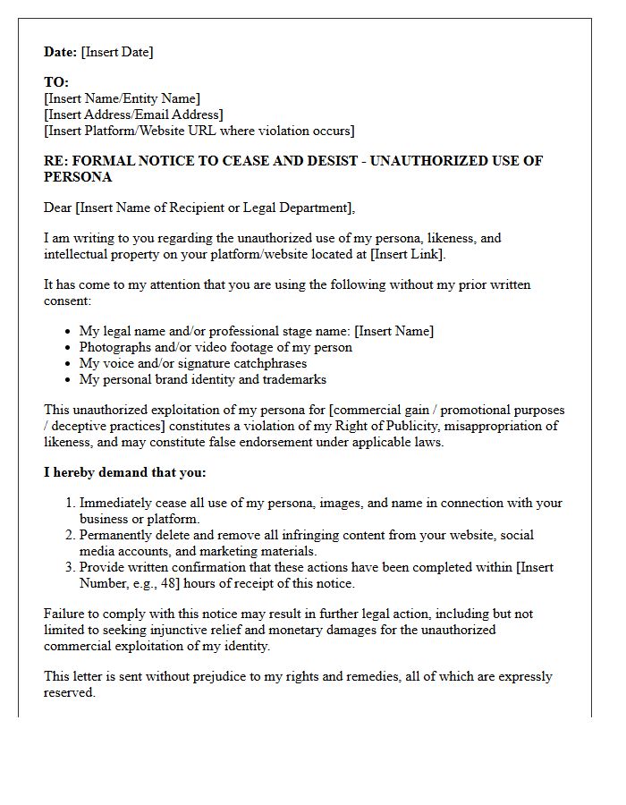 Social Media Influencer Persona Exploitation Notice Letter