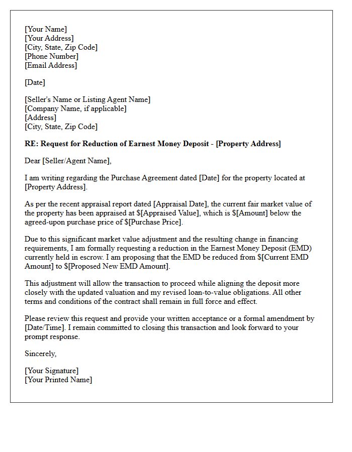 Market Value Adjustment Earnest Money Deposit Reduction Request Letter