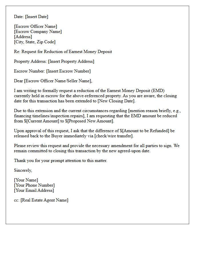 Extended Escrow Earnest Money Deposit Reduction Request Letter