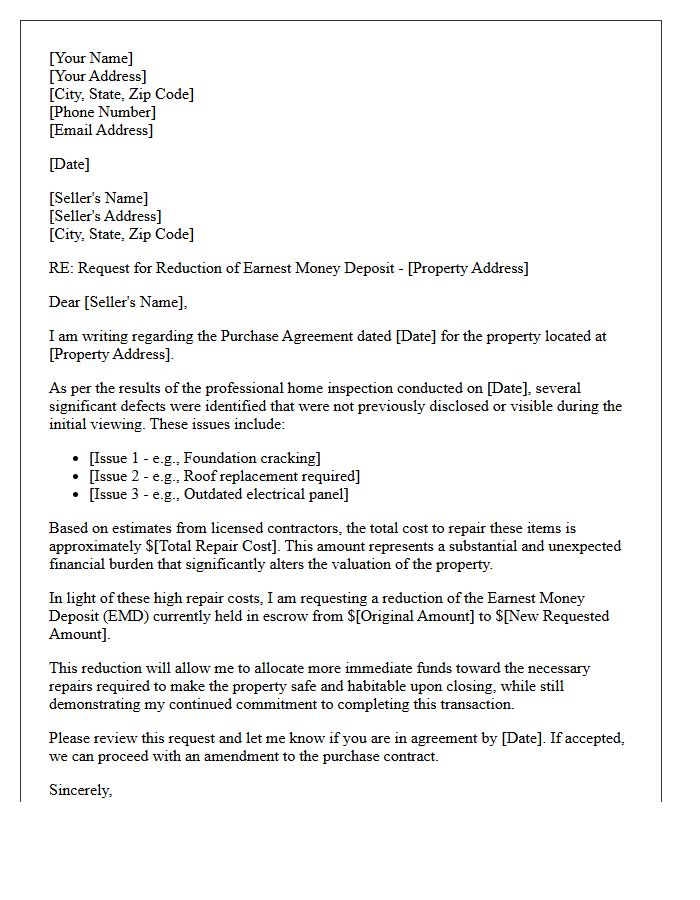 High Repair Cost Earnest Money Deposit Reduction Request Letter