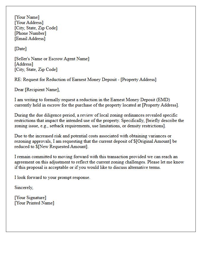 Zoning Restriction Earnest Money Deposit Reduction Request Letter