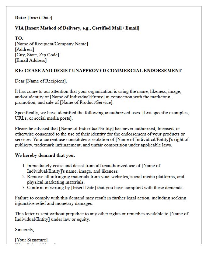 Unapproved Commercial Endorsement Cease and Desist Letter