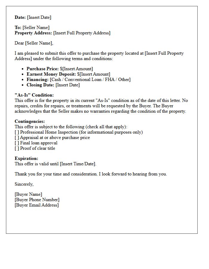 Standard As-Is Property Purchase Offer Letter
