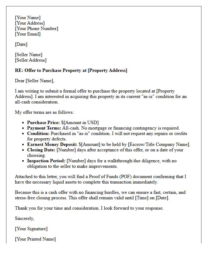 All-Cash As-Is Property Purchase Offer Letter