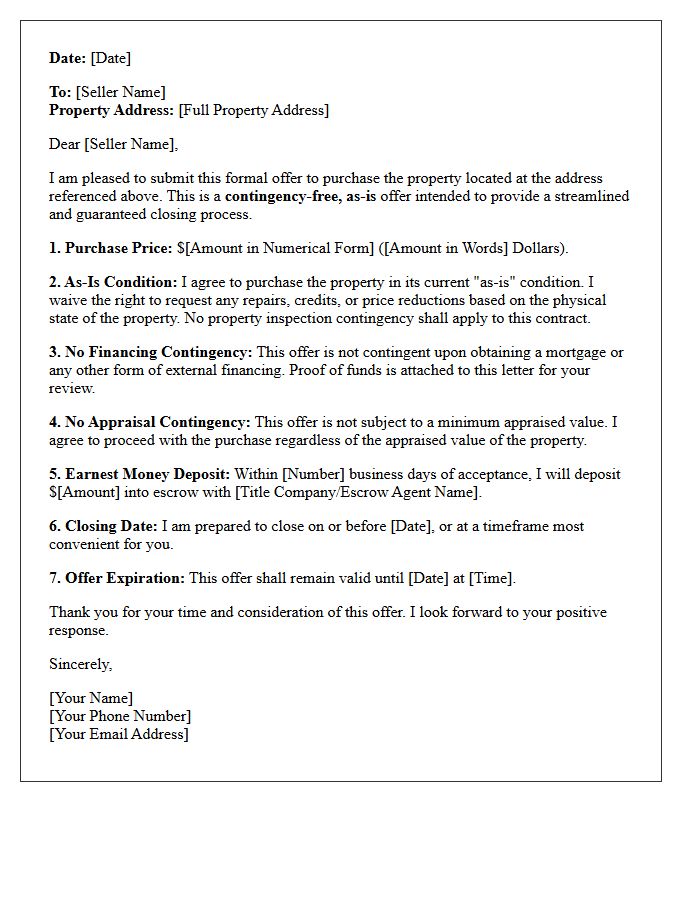 Contingency-Free As-Is Property Purchase Offer Letter