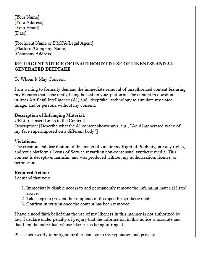 Deepfake and Artificial Intelligence Likeness Violation Letter