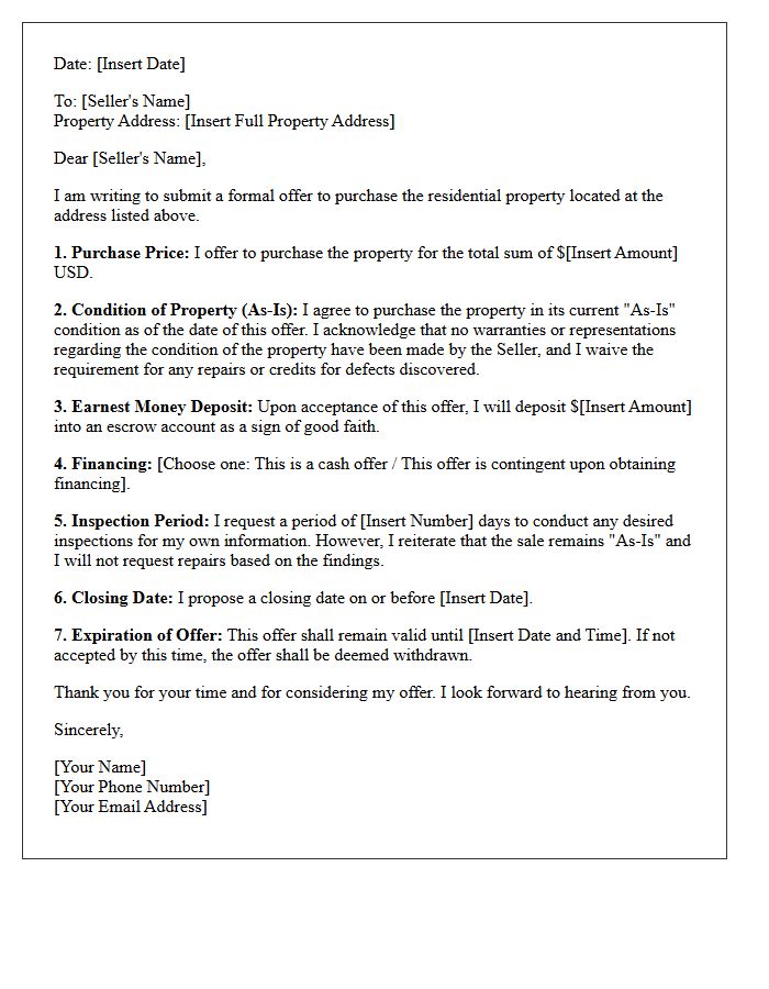 Residential As-Is Property Purchase Offer Letter