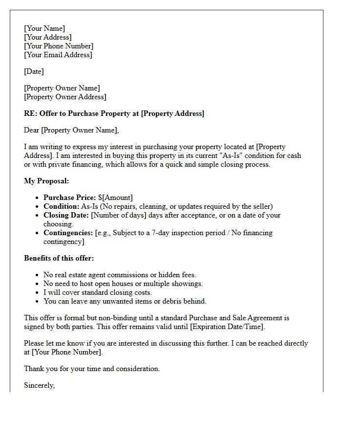 Off-Market As-Is Property Purchase Offer Letter