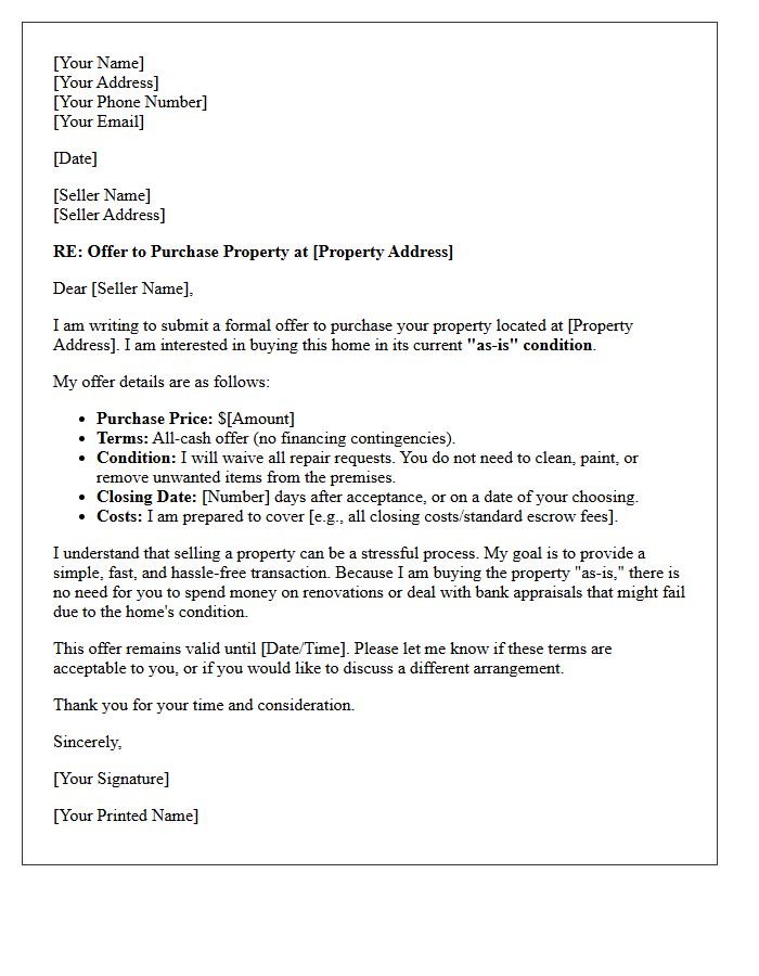 Distressed As-Is Property Purchase Offer Letter