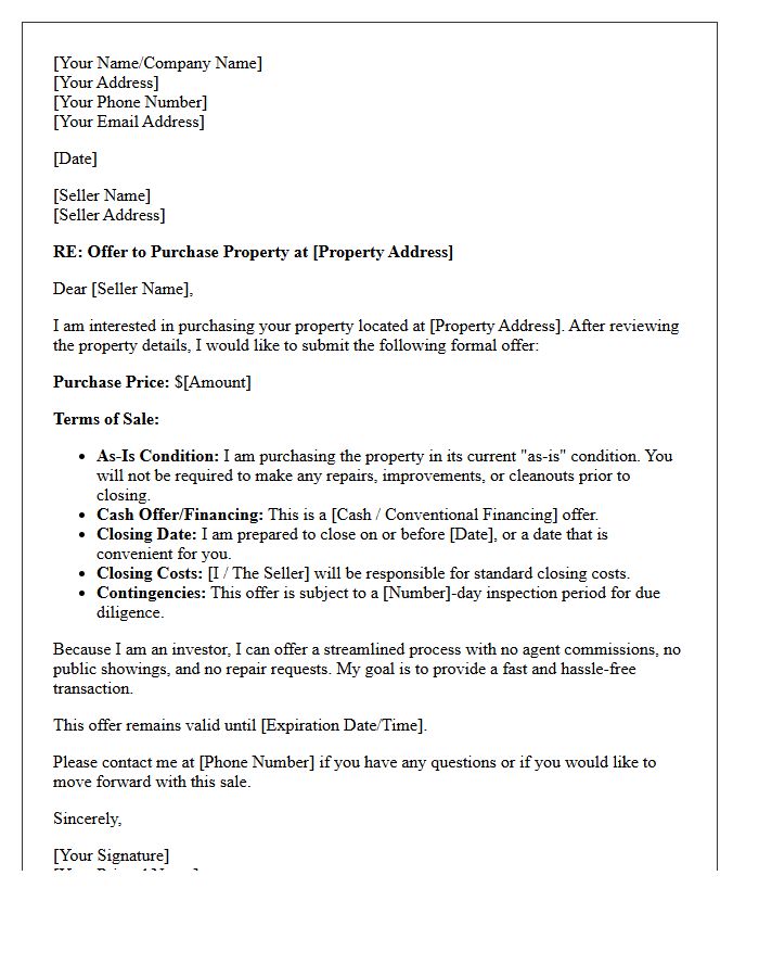 Investor As-Is Property Purchase Offer Letter