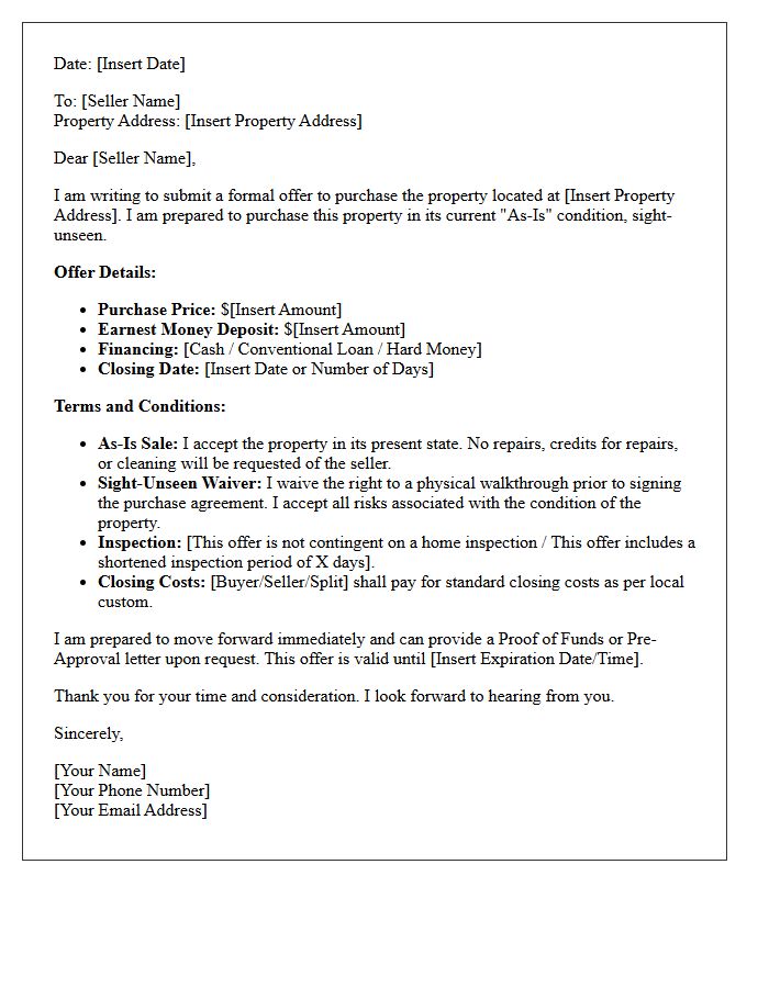 Sight-Unseen As-Is Property Purchase Offer Letter