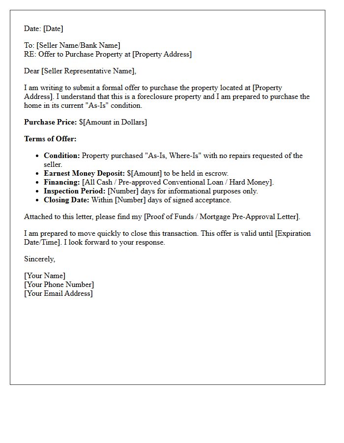Foreclosure As-Is Property Purchase Offer Letter