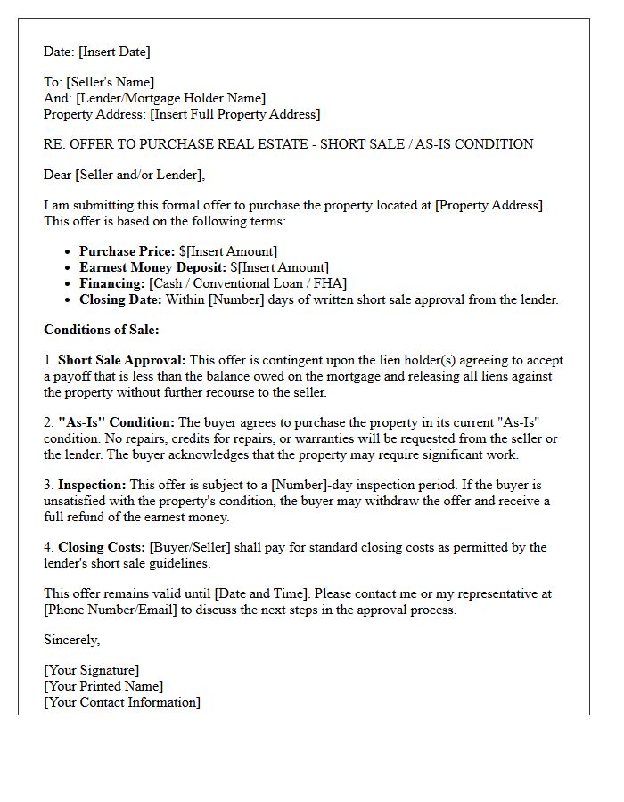 Short Sale As-Is Property Purchase Offer Letter