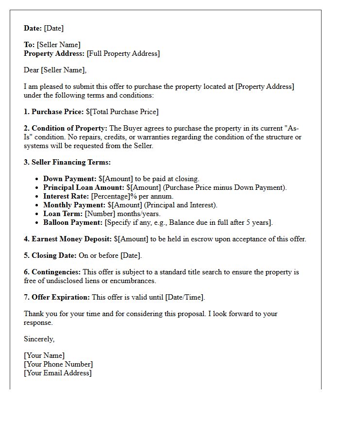Seller-Financed As-Is Property Purchase Offer Letter