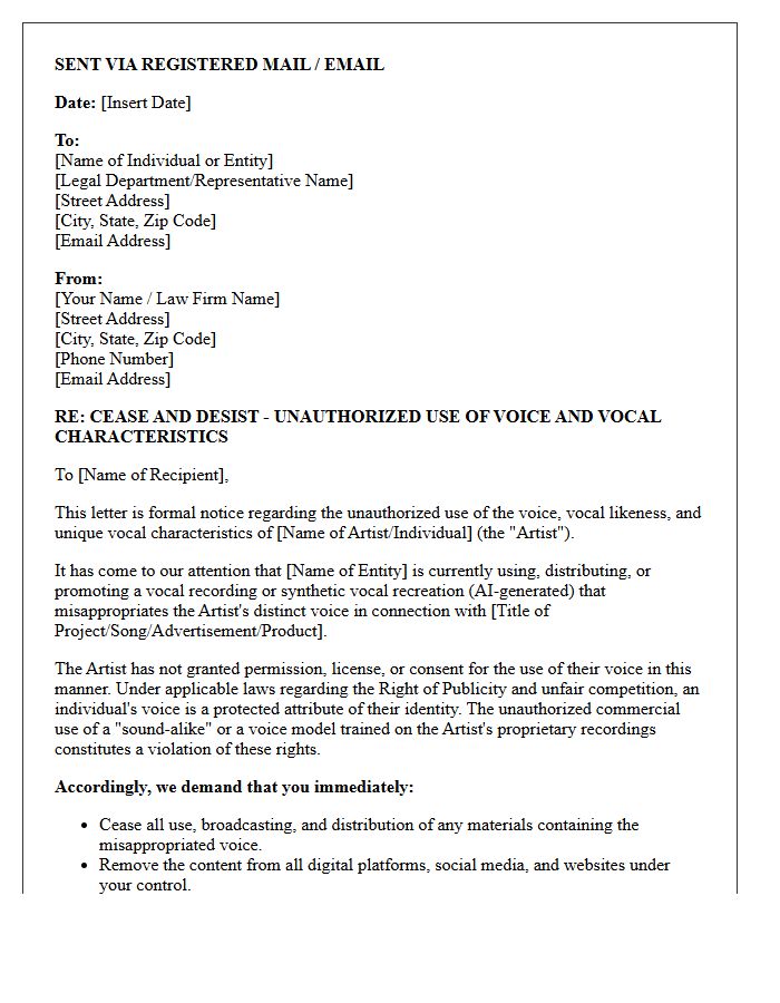 Voice and Vocal Characteristic Misappropriation Demand Letter