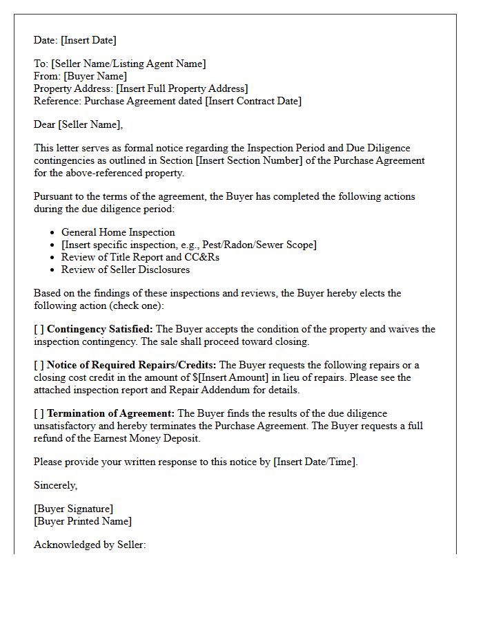 Inspection Period and Due Diligence Contingencies