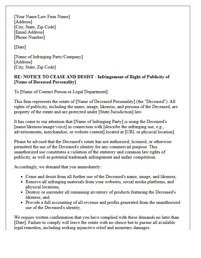 Deceased Personality Right of Publicity Infringement Letter