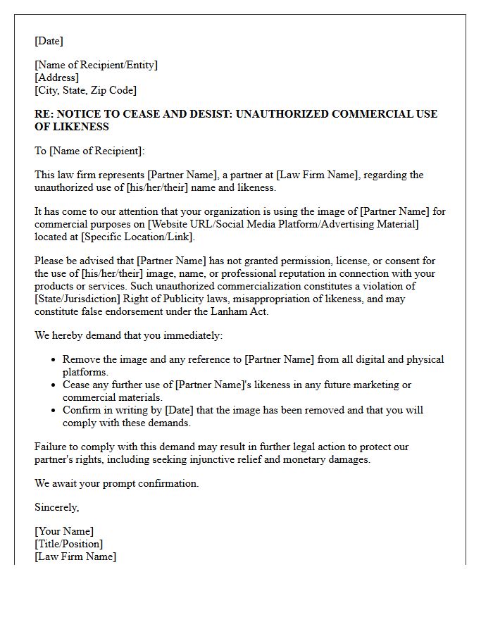 Law Firm Partner Image Unauthorized Commercialization Letter