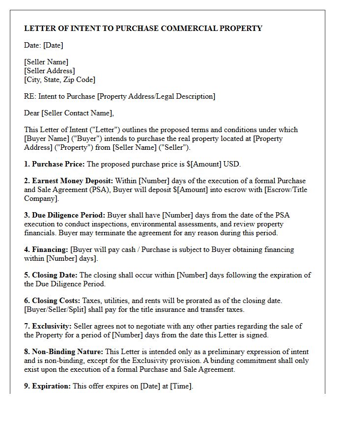 Standard Commercial Property Letter of Intent to Purchase