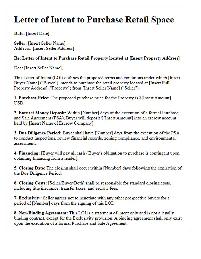 Retail Space Letter of Intent to Purchase