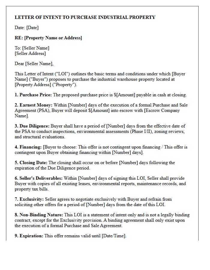 Industrial Warehouse Letter of Intent to Purchase
