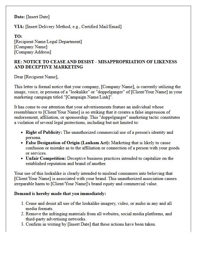 Lookalike and Doppelganger Marketing Violation Notice Letter