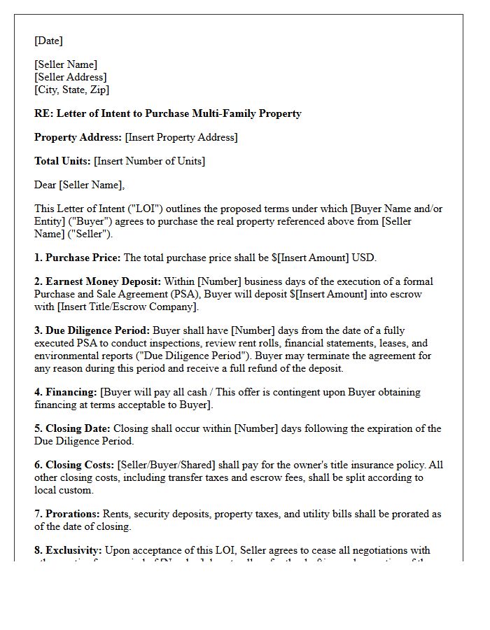 Multi-Family Commercial Property Letter of Intent to Purchase