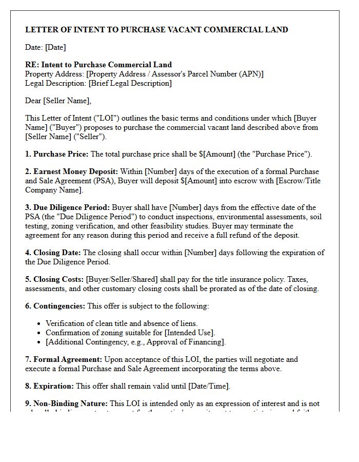 Vacant Commercial Land Letter of Intent to Purchase