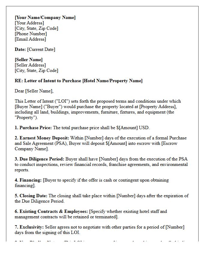 Hotel Property Letter of Intent to Purchase