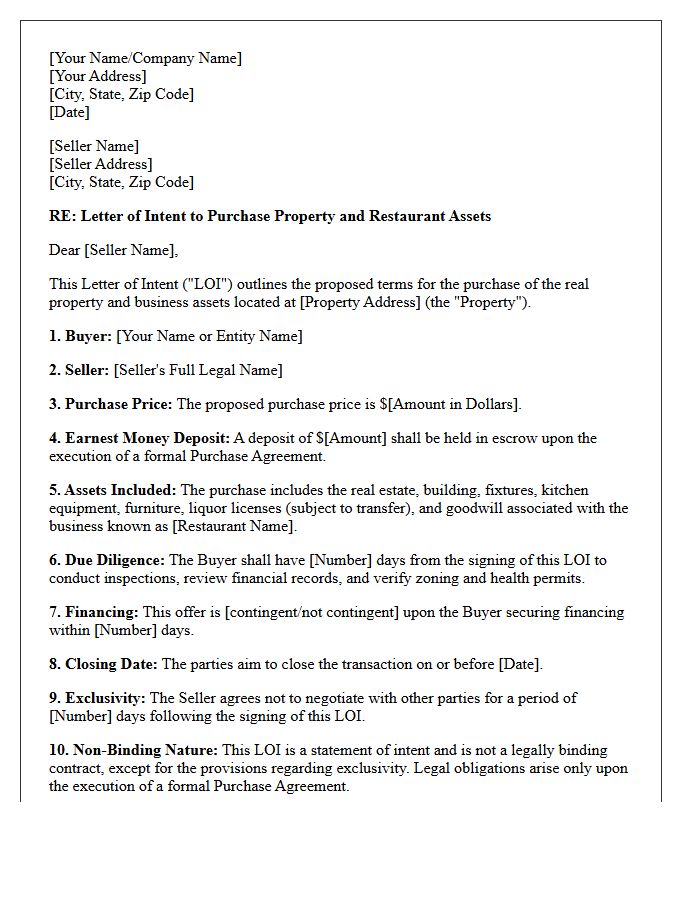 Restaurant Property Letter of Intent to Purchase