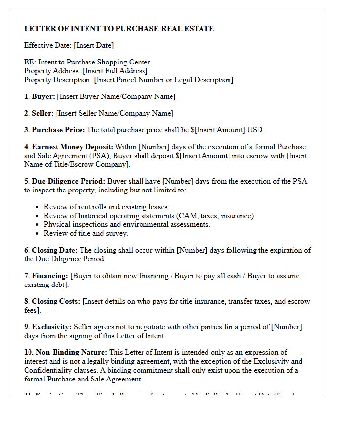 Shopping Center Letter of Intent to Purchase
