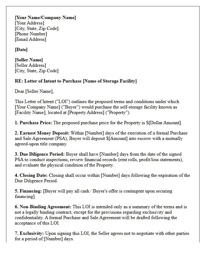 Self-Storage Facility Letter of Intent to Purchase