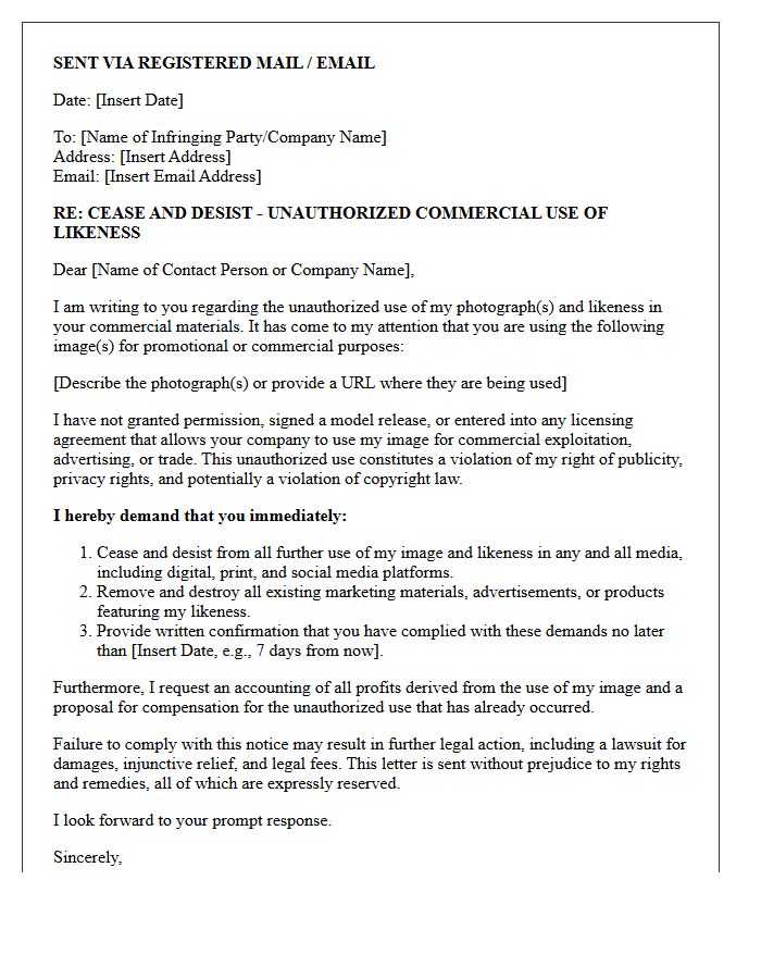 Model Photograph Commercial Exploitation Cease and Desist Letter