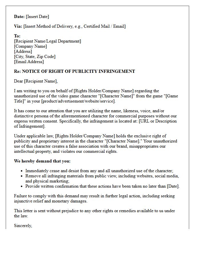 Video Game Character Right of Publicity Infringement Letter