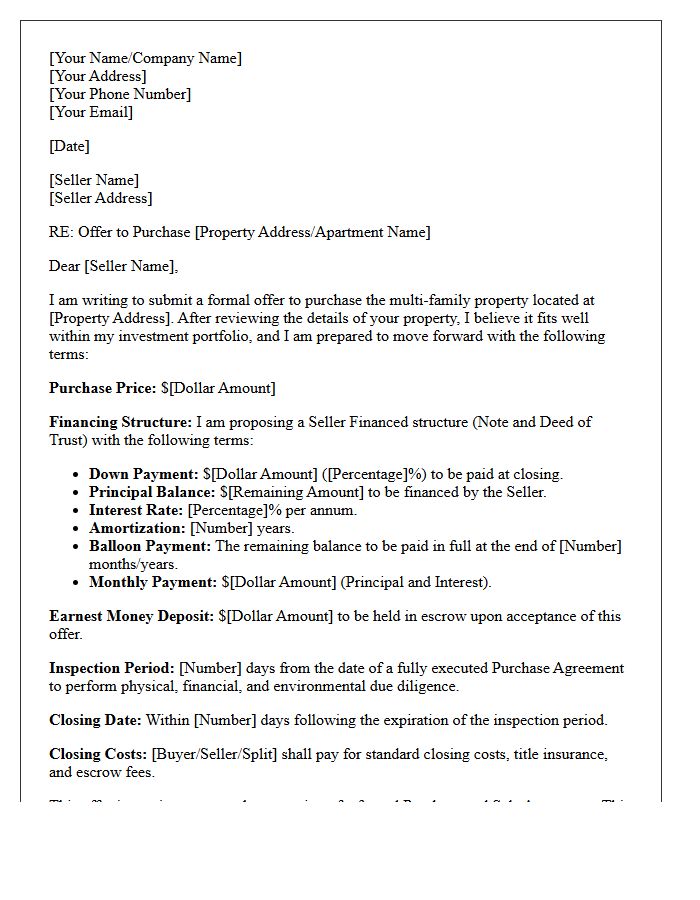 Seller Financing Investment Offer Letter for Multi-Family Property