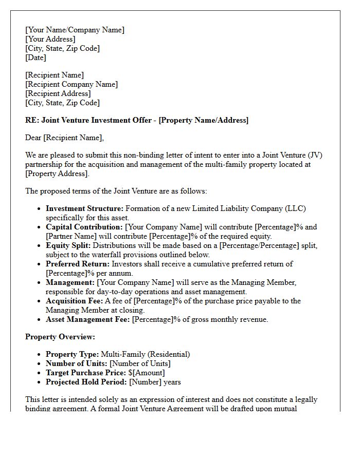 Joint Venture Investment Offer Letter for Multi-Family Real Estate