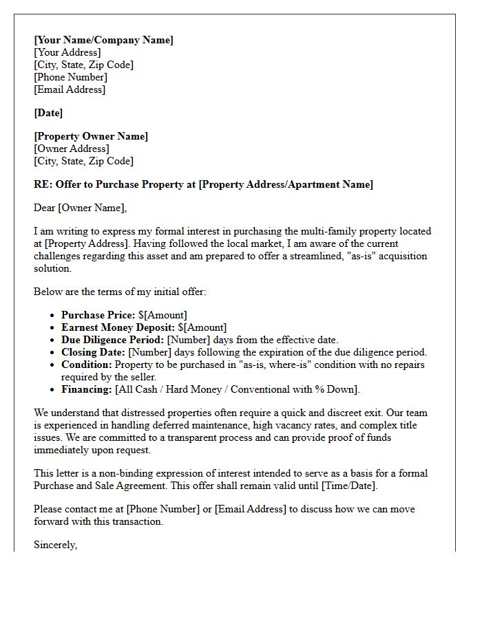 Distressed Multi-Family Property Investment Offer Letter