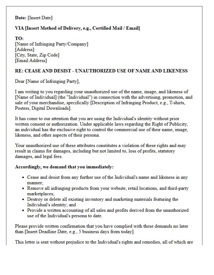 Unauthorized Merchandise Name and Likeness Cease and Desist Letter