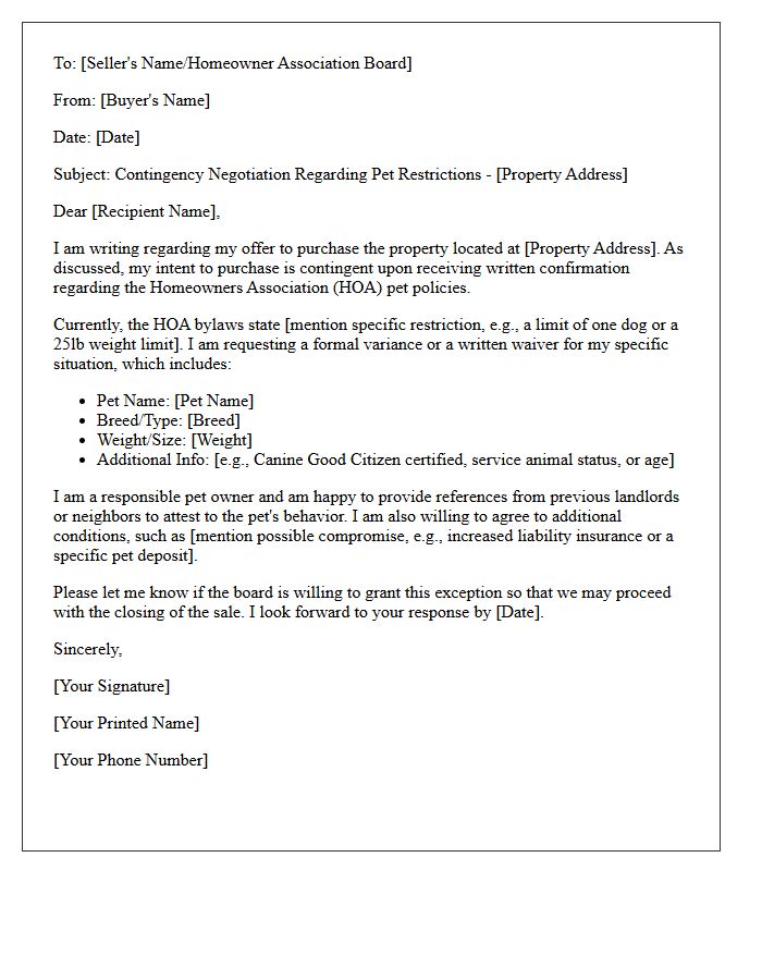 Homeowners Association Pet Restriction Contingency Negotiation Letter