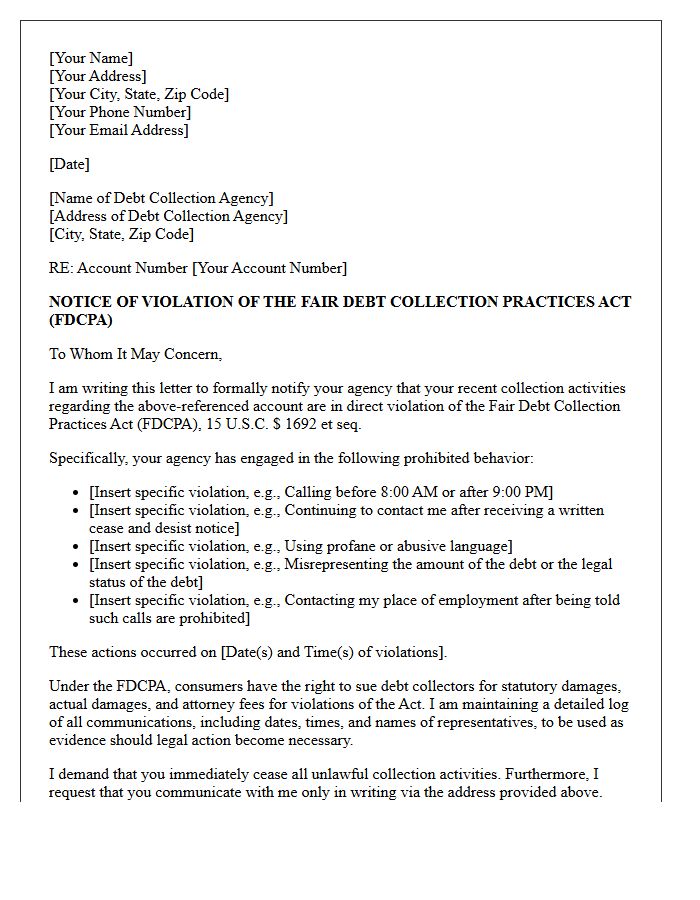 Fair Debt Collection Practices Act Violation Notice Letter