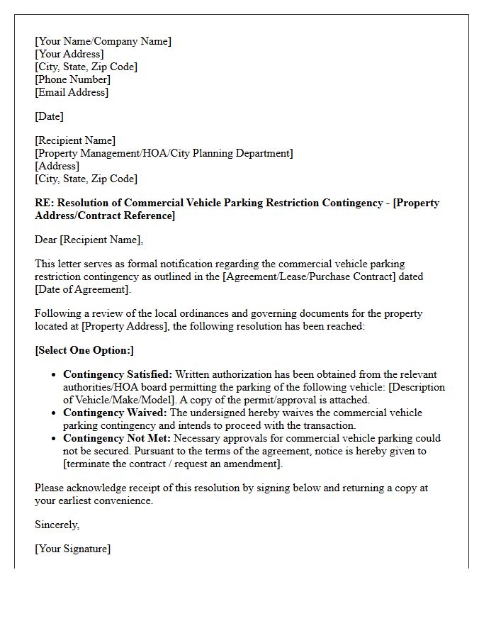 Commercial Vehicle Parking Restriction Contingency Resolution Letter