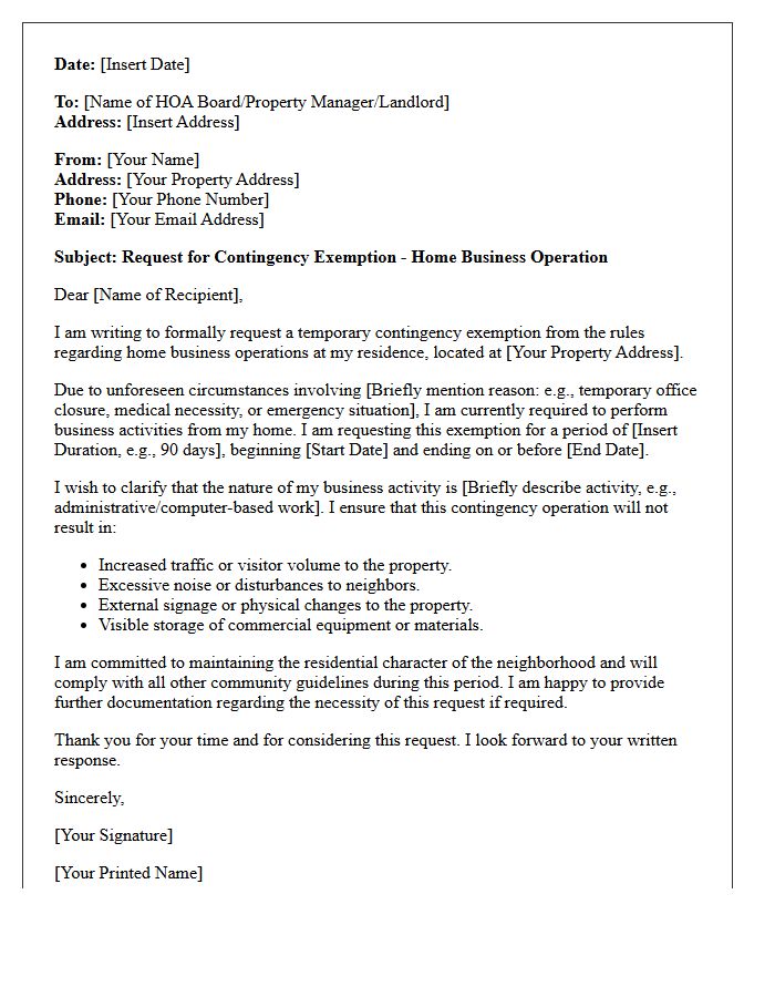 Home Business Operation Rule Contingency Exemption Letter