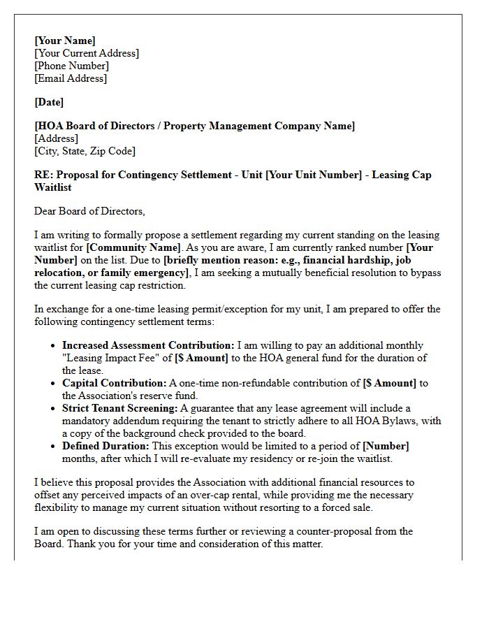 Leasing Cap Waitlist Contingency Settlement Negotiation Letter