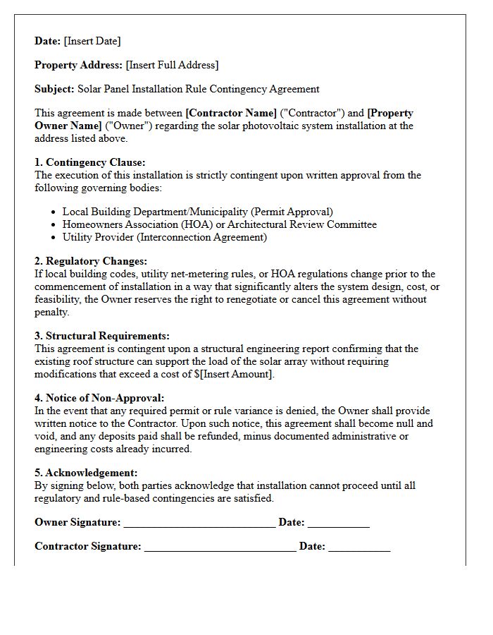 Solar Panel Installation Rule Contingency Agreement Letter